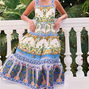 FARM Rio Blue and Orange Tropical Midi Dress